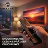 A hand holding a remote control in front of a TV displaying a sunset. Produktbild-Vorschau