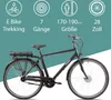 A black electric trekking bicycle with informational icons and text above it. Voir les images du produit