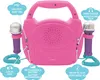 The back of a pink karaoke machine with two microphones attached, showing various ports and labels. Produktbild-Vorschau