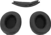Three black headphone accessories are laid out on a white background. The accessories are two ear pads and a headband cushion. Podgląd zdjęcia produktu
