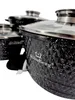 A close-up view of a set of black pots with a speckled pattern and glass lids. Náhľad obrázku produktu