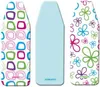 Three ironing board covers are displayed side-by-side against a white background. The left and right covers have colorful patterns, while the middle cover is a solid light blue. Produktbild-Vorschau