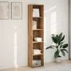 A tall, narrow bookshelf with several shelves, some of which contain books and decorative items, stands against a white wall with sunlight casting shadows. A large potted plant is to the right of the bookshelf. Anteprima dell’immagine prodotto