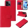 A collage of images showing a red flip phone case with floral patterns, demonstrating its features and design. Produktbild-Vorschau