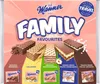 A box of Manner Family Favourites wafer snacks, showing various types of wafers. Produktbild-Vorschau