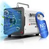 A white and black ozone generator with a blue 'NO ENTRY' sign hanging on it, with blue air currents and green leaves emanating from the side. Produktbild-Vorschau