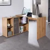 A modern L-shaped desk with integrated shelving and drawers, set in a home office environment. Produktbild-Vorschau