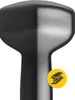A close-up, cross-section view of a dumbbell, split down the middle to show two different material finishes. A yellow circular icon with a steel beam symbol is present on the right side. Produktbild-Vorschau