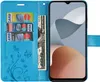 A blue phone case with card slots and a bill compartment, open to reveal a smartphone. Produktbild-Vorschau