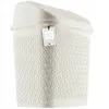 A white plastic trash can with a textured pattern and a swing lid, shown against a white background. A small tag with the brand logo and product capacity is attached to the rim. Produktbild-Vorschau