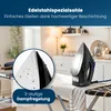 A black steam iron is shown on an ironing board with laundry. The image includes close-ups and text overlays highlighting product features. Náhled obrázku produktu