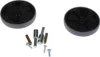 Two black wheels and several metal accessories are arranged on a white background. Produktbild-Vorschau