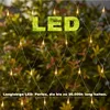 A net of warm white LED lights is draped over a background of green foliage. Náhled obrázku produktu