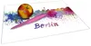A cutting board with a watercolor skyline of Berlin and the word 'Berlin' printed on it, with an apple and a pink knife placed on top. Produktbild-Vorschau
