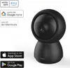 A black Hama surveillance camera is shown against a white background, with several compatibility badges and app store download icons. Produktbild-Vorschau