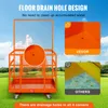 An orange industrial cart with a wire cage, shown outdoors on a grassy field with a blue sky. Insets highlight drainage holes. Podgląd zdjęcia produktu