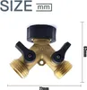 A brass Y-shaped hose splitter with two black handles, shown against a white background with size indicators. Produktbild-Vorschau