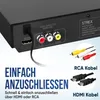 The back panel of a black DVD player is shown, highlighting its connection ports and cables. Voir les images du produit