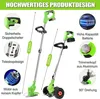 A collage of images showcasing features of a cordless grass trimmer. Produktbild-Vorschau