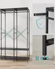A black metal wardrobe with multiple shelves and a hanging rod, shown with close-ups of safety features and adjustable feet. Náhled obrázku produktu