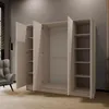 An open wardrobe with shelves and hanging space, in a room with a chair and a window. Produktbild-Vorschau