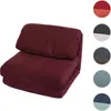 A bordeaux colored folding chair/sofa is shown against a white background. To the right of the chair are circular swatches of different fabric colors. Podgląd zdjęcia produktu
