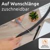 A person is cutting a black cable sleeve with scissors on a wooden desk, with a keyboard, plant, and notebook in the background. A timer icon with text is in the bottom right corner. Produktbild-Vorschau