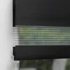 A close-up view of a black roller blind with a transparent striped section, showing the texture of the fabric and the mechanism. Produktbild-Vorschau