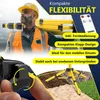 A construction worker carrying a tripod with a laser level, with various marketing text overlays and close-ups of product features. Produktbild-Vorschau