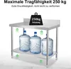 A stainless steel table with water bottles underneath, highlighting its load-bearing capacity. Voir les images du produit