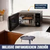 A microwave oven with its door open, showing a pizza inside, and accessories displayed below. The scene is set in a kitchen environment. Produktbild-Vorschau