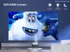 A projector displaying a cartoon character on a wall, with feature highlights at the top. Produktbild-Vorschau
