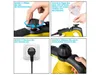 Instructions for using a steam cleaner, showing four steps: opening the safety cap, adding water, plugging it in, and pressing the switch. Anteprima dell’immagine prodotto