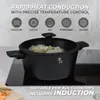 A black pot filled with food is placed on a black induction cooktop, with icons and text indicating its features. Náhled obrázku produktu