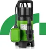 A green and black submersible pump with a float switch and a hose adapter, set against a white and green background. Anteprima dell’immagine prodotto