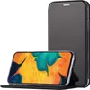 A black flip case for a smartphone is shown standing upright, with the phone inside displaying its screen. Produktbild-Vorschau