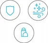 Three circular icons with blue line drawings on a white background. Voir les images du produit