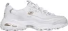 A side view of a white Skechers D-Lites sneaker with rose gold accents. Voir les images du produit