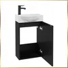 A black bathroom vanity with a white sink and a black faucet, with one door open. Podgląd zdjęcia produktu
