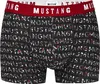 A pair of men's boxer shorts with a repeating pattern of the brand name 'Mustang'. Produktbild-Vorschau
