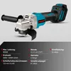 A cordless angle grinder with a battery pack, shown in a studio setting with product specifications listed below. Voir les images du produit