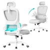 Two views of a white and gray ergonomic office chair, one showing the back and the other the front with adjustable armrests. Produktbild-Vorschau