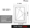 A diagram showing the dimensions and features of a white window frame, with text explaining measurements and an example calculation. Produktbild-Vorschau