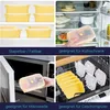 Collage showing silicone food containers in various settings: stacked, in a refrigerator, being placed in a microwave, and in a dishwasher. Podgląd zdjęcia produktu