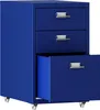 A blue metal filing cabinet with three drawers, one of which is partially open. Voir les images du produit