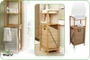Collage of three images showing a bamboo laundry basket with shelves in different bathroom settings. Podgląd zdjęcia produktu