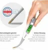 A hand holding a digital thermometer, with a close-up inset of the thermometer's tip and a seal of approval. Produktbild-Vorschau