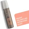A bottle of Wella Eimi Perfect Setting hairspray is shown diagonally on a white background, with a peach-colored overlay containing German text on the right side. Produktbild-Vorschau