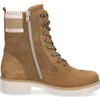 A side view of a tan lace-up boot with a white sole and a knitted cuff. Produktbild-Vorschau