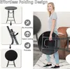 A woman is holding a folded round table, with instructional graphics on the left. Produktbild-Vorschau
